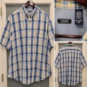 IZOD Button Down Shirt Men's 2XL Blue Yellow Plaid Short Sleeve Cotton Casual